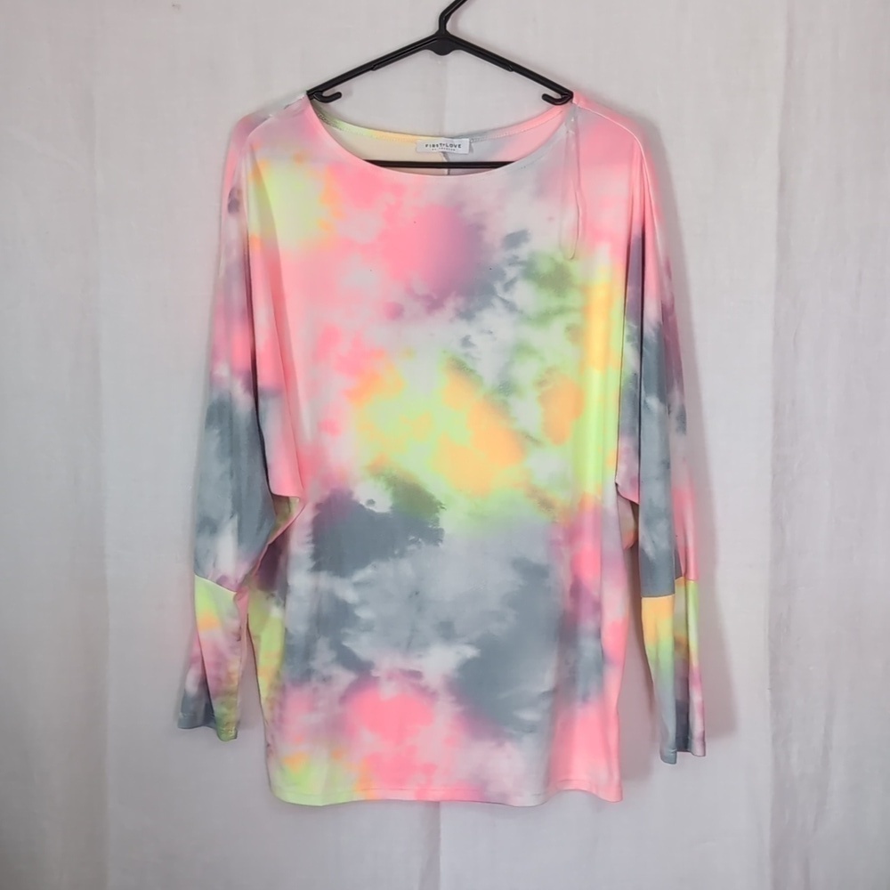 First Love by Lovelyn Pink Yellow TieDye Drop Shoulder Long Sleeve Top Size Smal